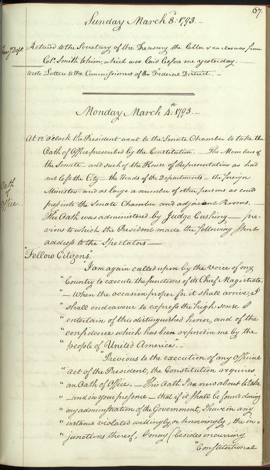 Handwritten manuscript page describing presidential oath of office, March 1793 — historic image