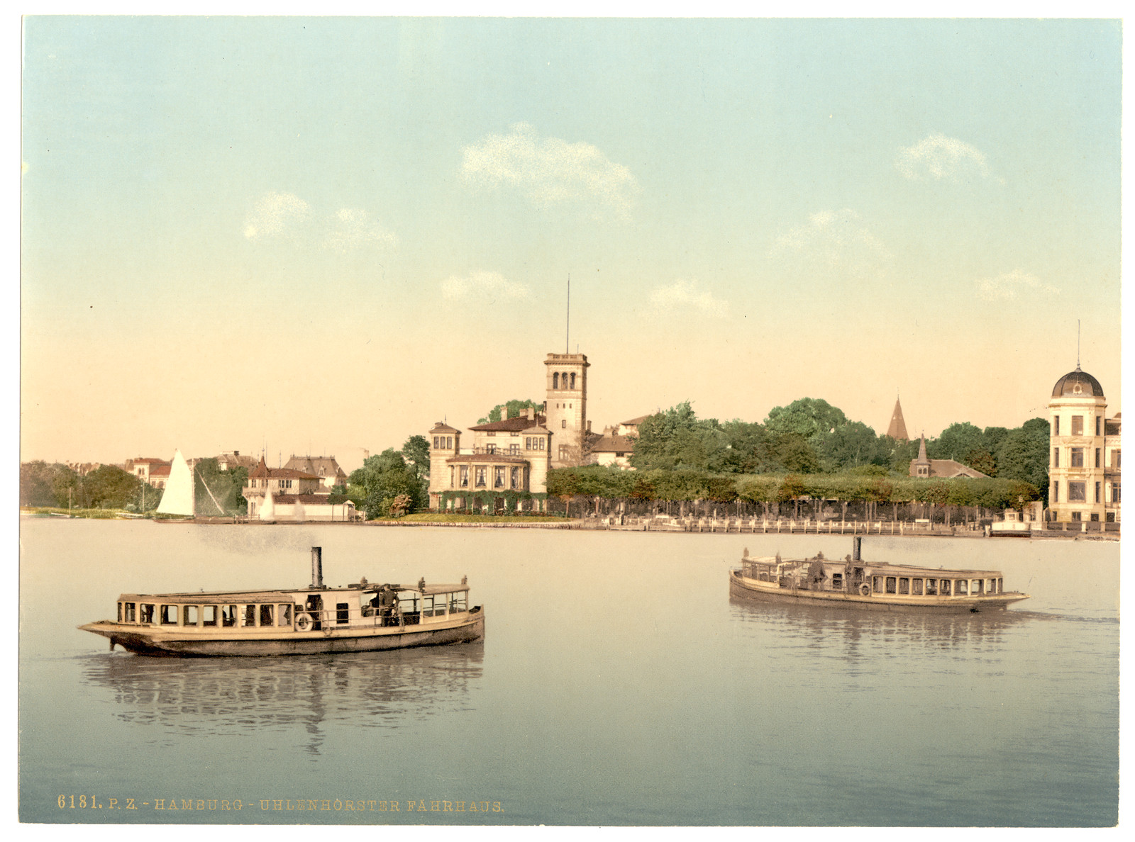 Boats at Uhlenhouster Ferry Hamburg Germany, [between ca. 1890 and ca. 1900]. — historic print
