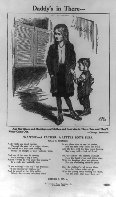 [Anti-saloon broadside Daddy's in there" showing 2 ragged children outside saloon; neg. includes text of poem by Julia H. Johnson]"
