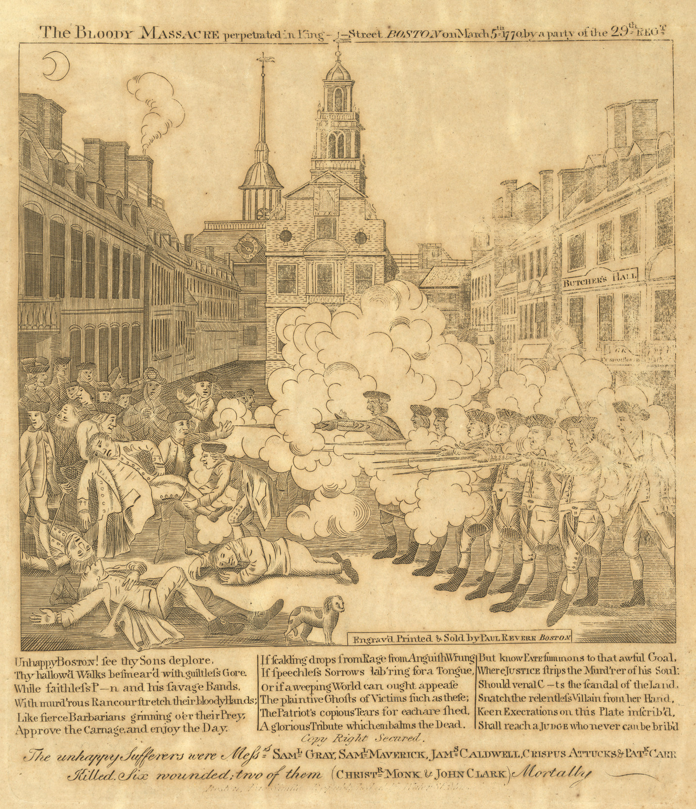 The Bloody Massacre, perpetrated in King-Street, Boston, engraving by Paul Revere — antique engraving