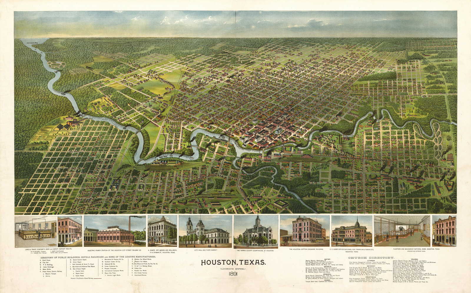Houston, Texas, 1891 Bird's Eye View Map, 1891 — antique map