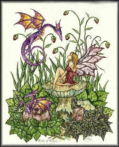 Fairy seated on a mushroom with purple dragons