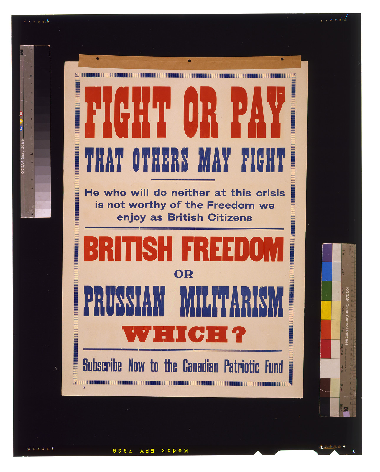 Fight or pay that others may fight. ... British freedom or Prussian militarism. Which? Subscribe now to the Canadian Patriotic Fund, 1915 — vintage poster