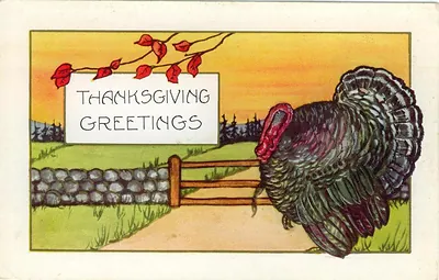 Thanksgiving Greetings postcard with turkey by a fence