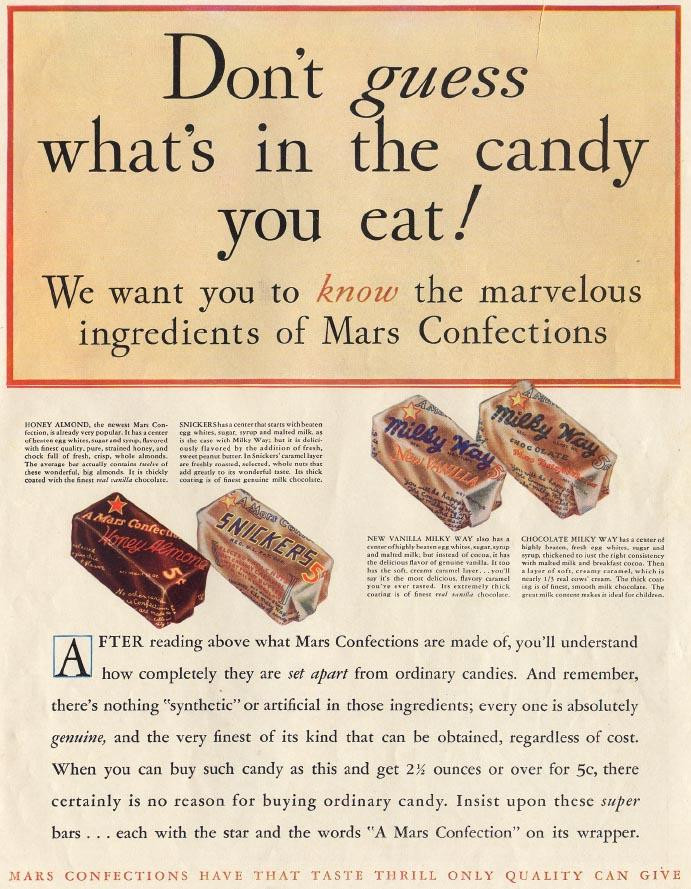 Mars Confections magazine advertisement: "Don't guess what's in the candy you eat! — historic image