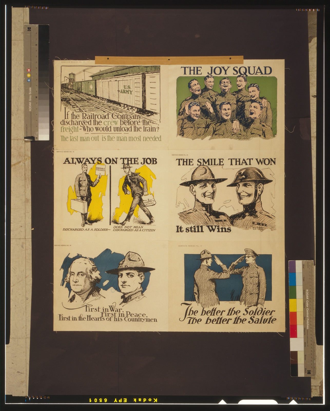 Army service poster with The Joy Squad and other panels — vintage poster