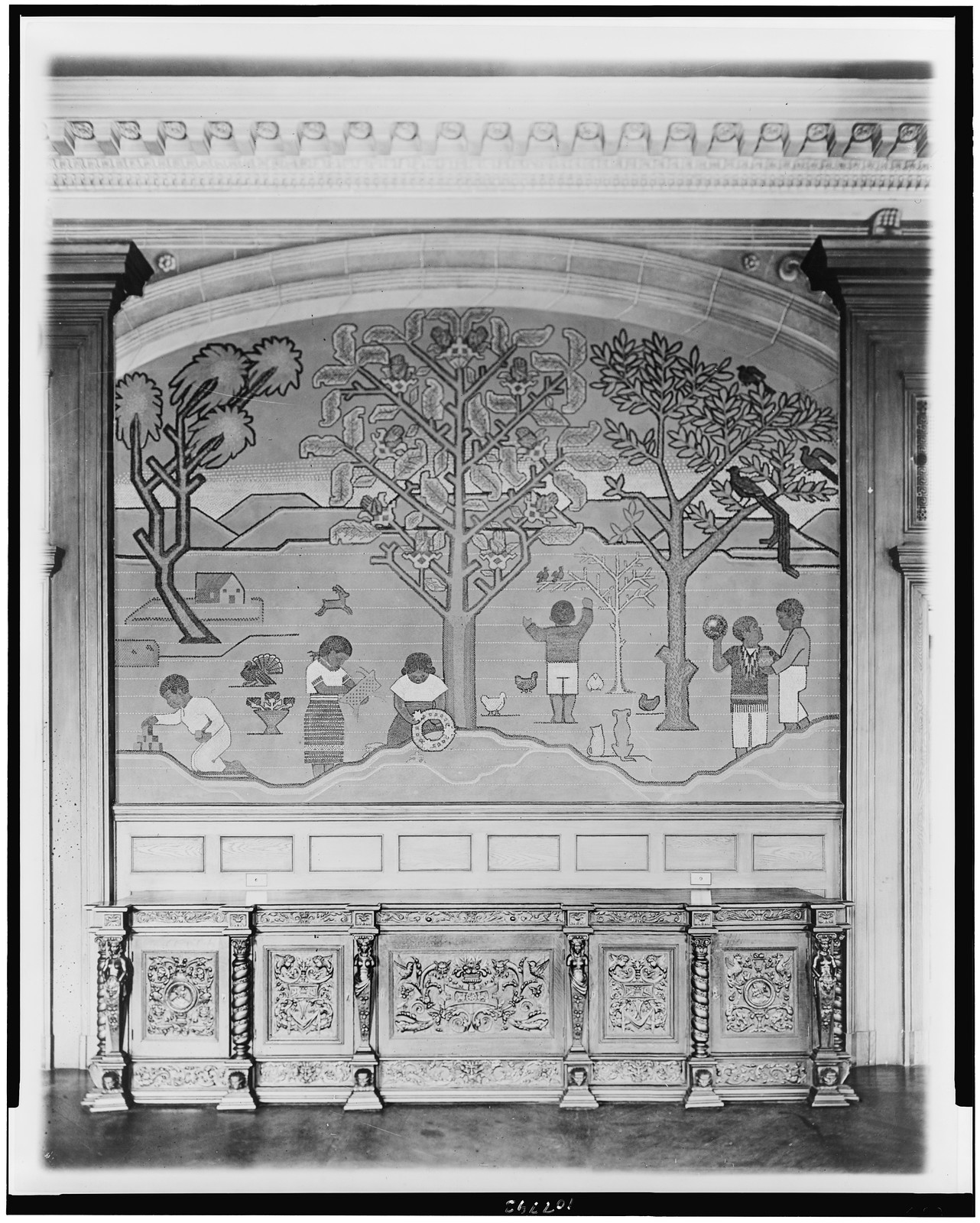 [Mural in Mexican Embassy, Washington, D.C., showing children, trees, and animals], [between 1909 and 1932] — historic photograph