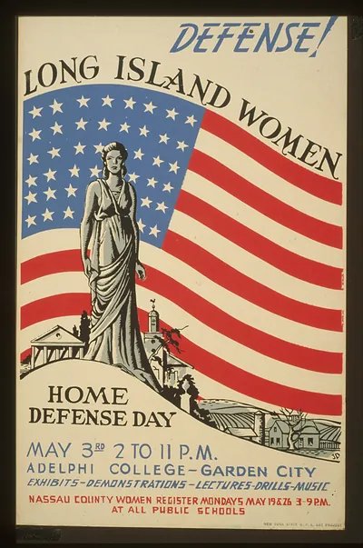 Defense! Long Island women (S) Home defense day (S) Exhibits - demonstrations - lectures
