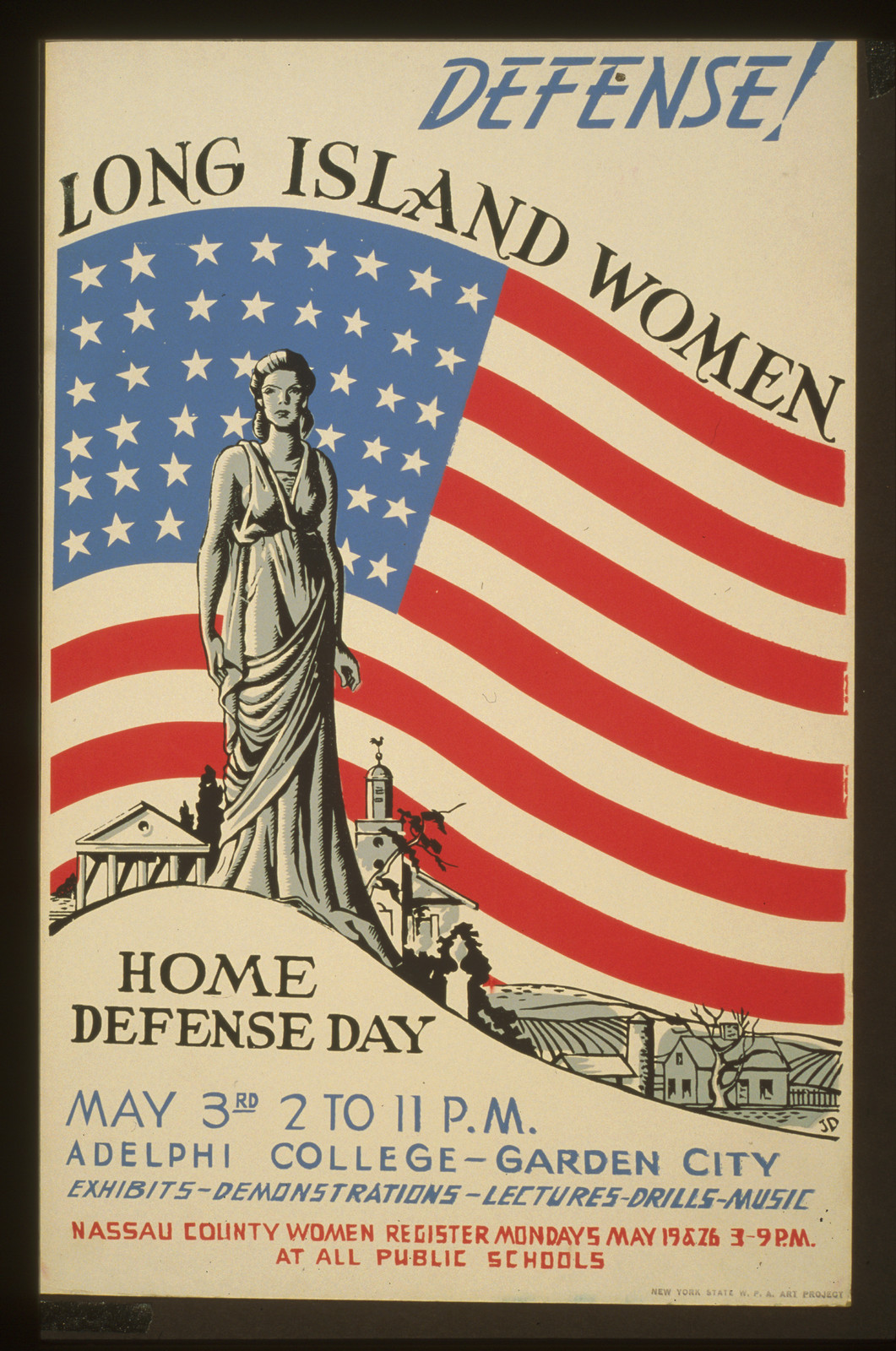 Defense! Long Island women (S) Home defense day (S) Exhibits - demonstrations - lectures, 1941 — vintage poster