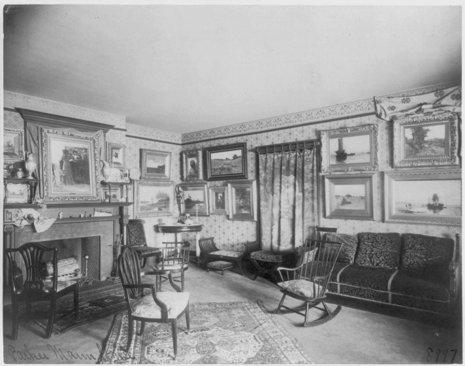 [Interior of Parker Mann house, Washington, D.C. - room filled with paintings], [between ca. 1890 and ca. 1910] — historic photograph