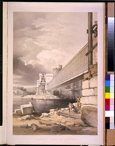 Conway tubular bridge--With the preparations for raising the second tube / G. Hawkins, del. et lith. ; Day & Son lithrs. to the queen.