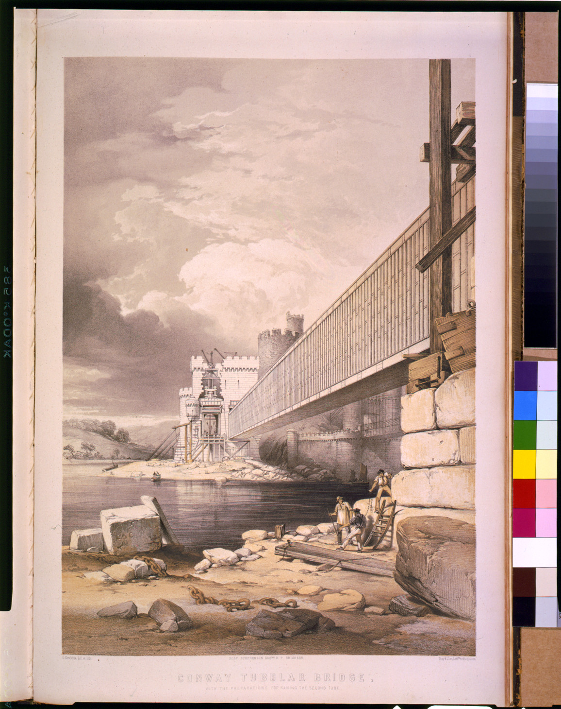 Conway tubular bridge--With the preparations for raising the second tube / G. Hawkins, del. et lith. ; Day & Son lithrs. to the queen., [London : Published by John Weale, 1849] — antique lithograph