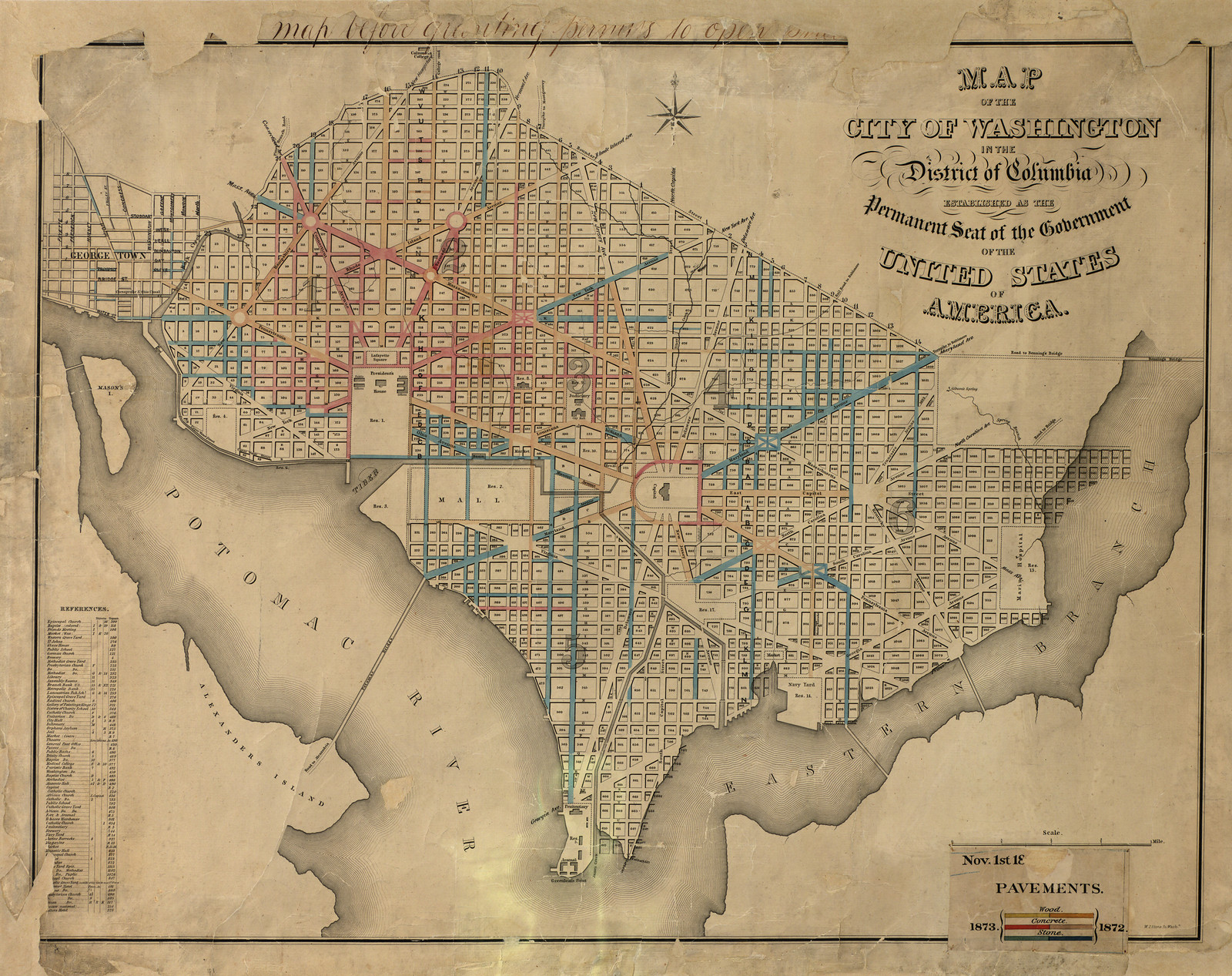 Map of the City of Washington in the District of Columbia, 1873 pavements — antique map