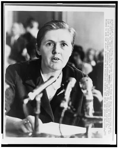 [Dr. Frances O. Kelsey, head-and-shoulders portrait, facing front, addressing the Senate Government Operations subcommittee concerning Thalidomide]