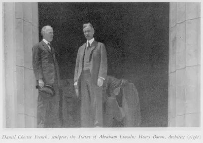 [Daniel Chester French, 1850-1931, full, standing with Henry Bacon in front of the Lincoln statue at the Lincoln Memorial, 1922?]