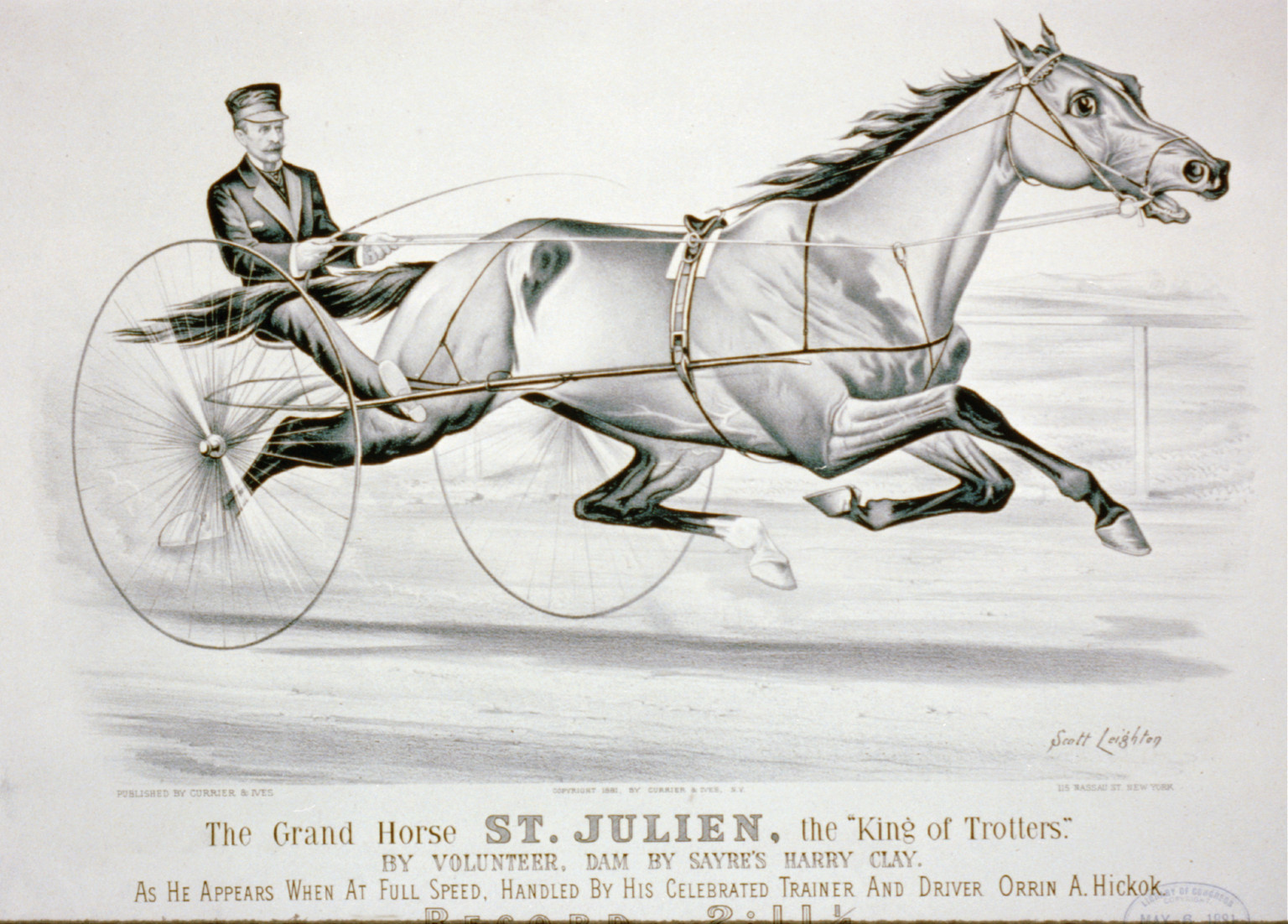 Grand horse St. Julien, the king of trotters": by Volunteer as he appears when at full speed handled by his celebrated trainer and driver Orrin A. Hickok", PGA - Currier & Ives--Grand horse St. Julien ... (A size) [P&P] — historic image