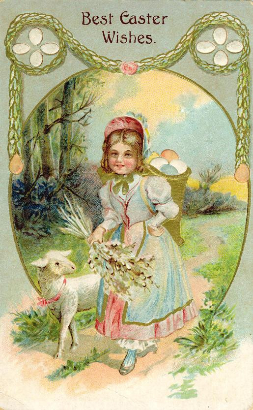 Girl with lamb and Easter eggs, 'Best Easter Wishes' postcard — vintage postcard
