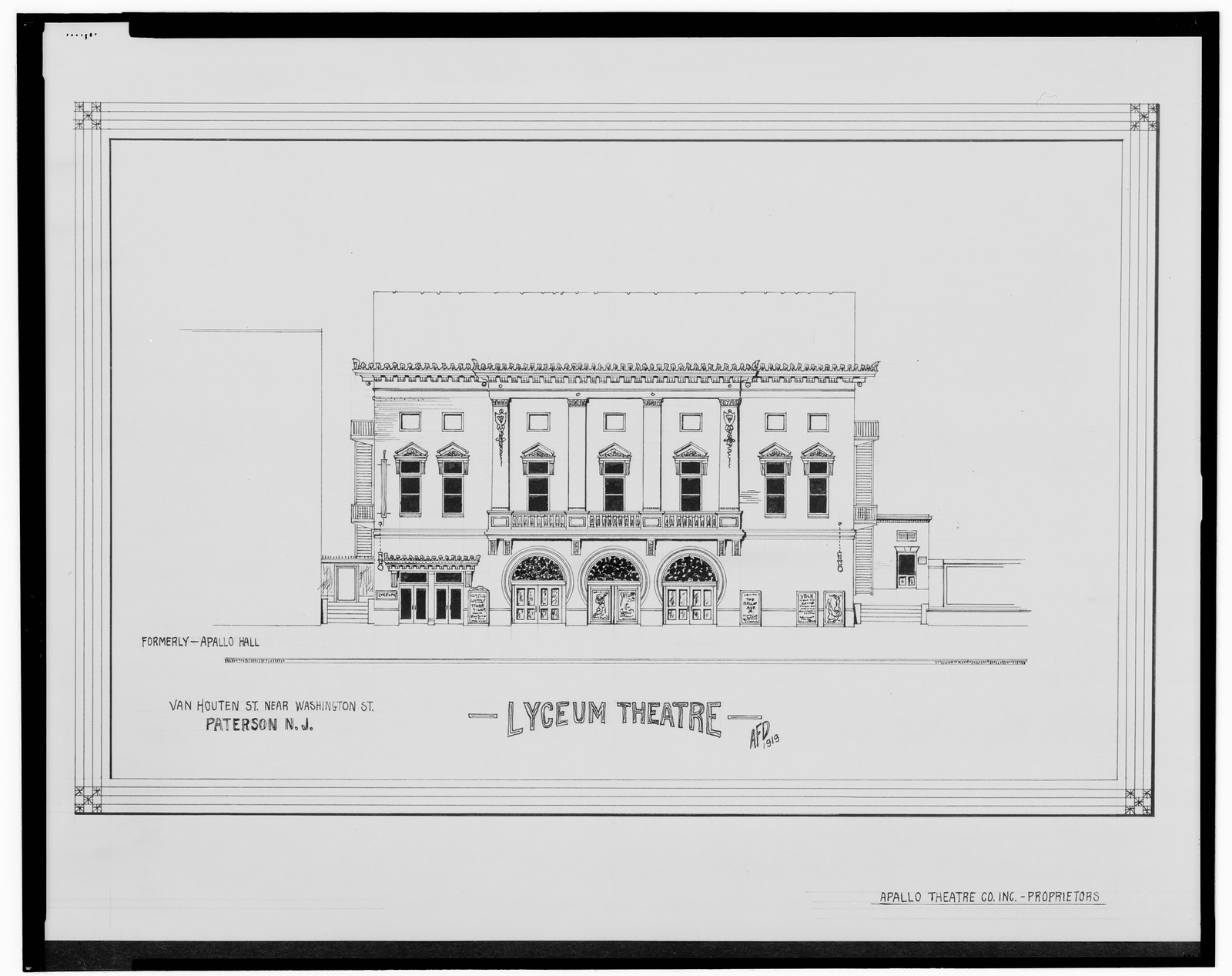 [Lyceum Theatre (Apollo Hall), Van Houten St. near Washington St., Paterson, New Jersey] / AFD 1919., And Engineering (ADE) Drawings — vintage poster