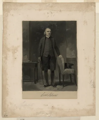 Full-length portrait of Samuel Adams, standing beside a chair