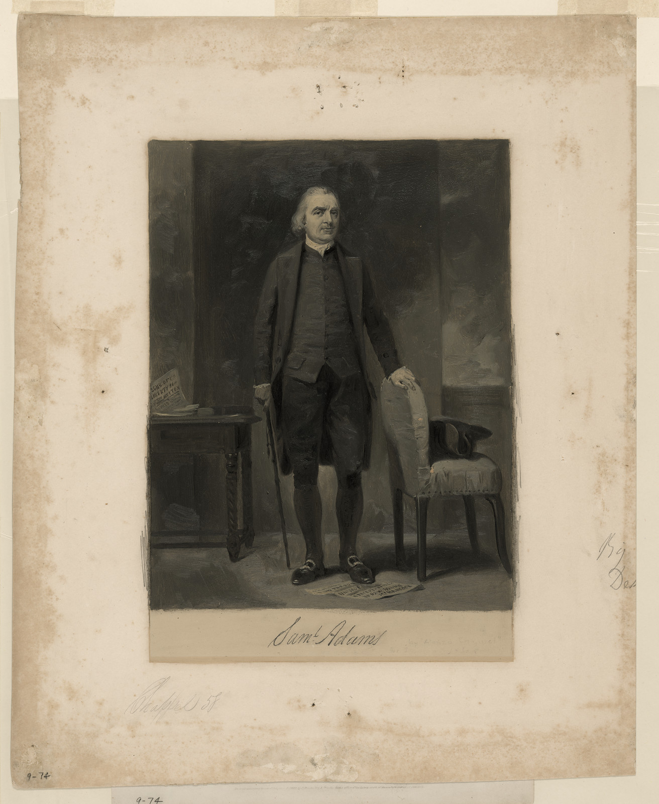 Full-length portrait of Samuel Adams, standing beside a chair — historic image