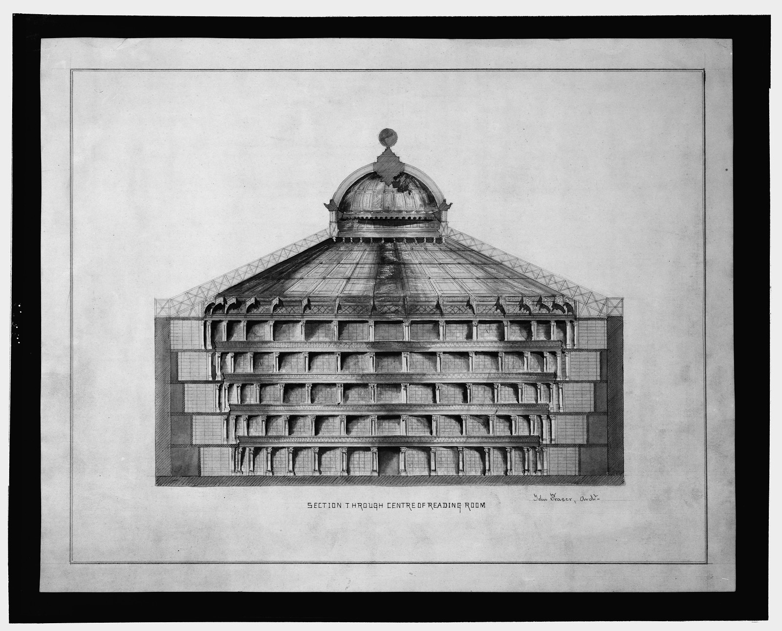 [Library of Congress, Washington, D.C. Section thru center of reading room], and Engineering (ADE) Drawings" (http://www.loc.gov/rr/print/res/103_ade.html)." — historic drawing