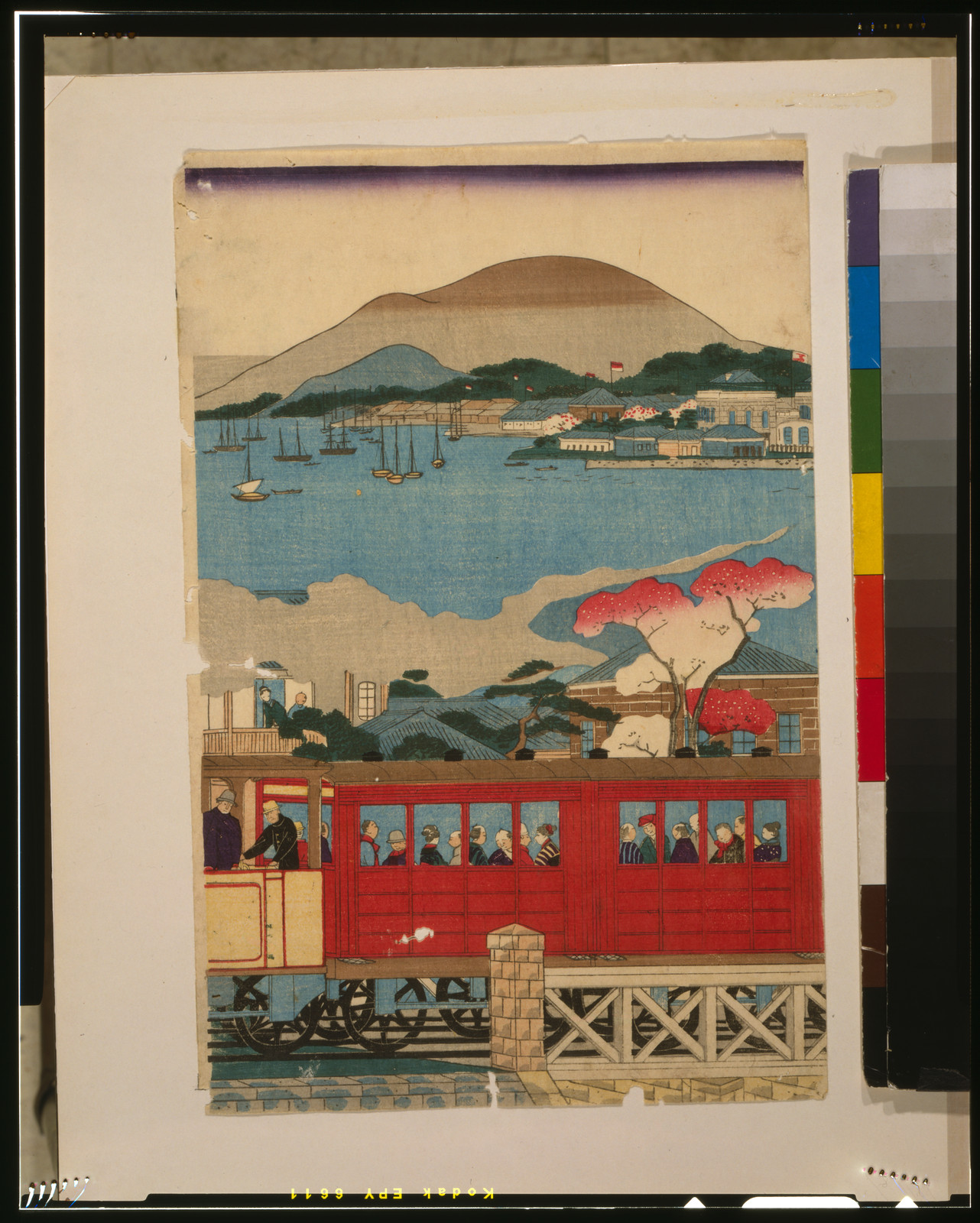 Yokohama tetsudo joki shussha no zuTITLE TRANSLATION:First steam train leaving Yokohama., 1872 — historic print