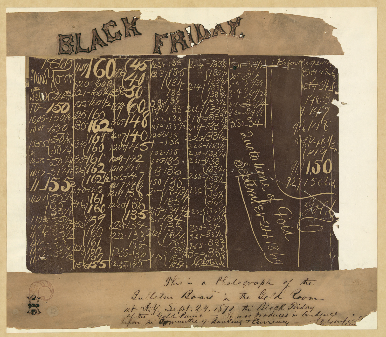 Black Friday bulletin board, New York Gold Room, 1869 — historic image