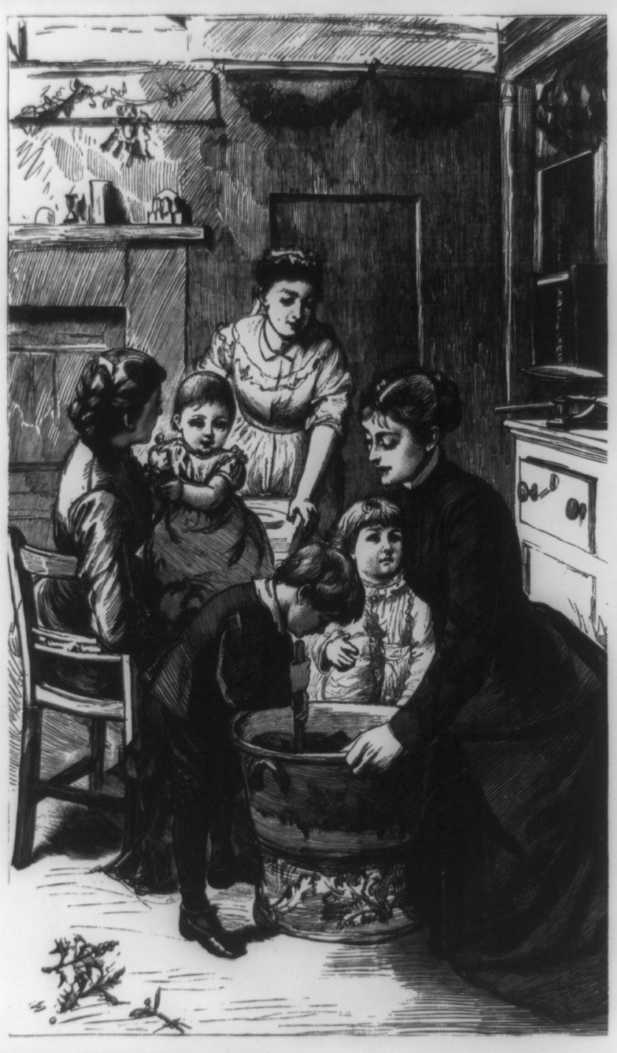 Stirring the Christmas pudding, 1876 — historic photograph