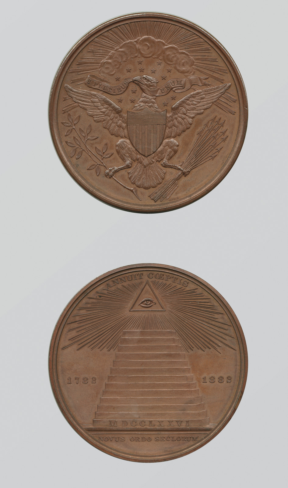Bronze Great Seal of the United States medal, 1782-1882 — historic image