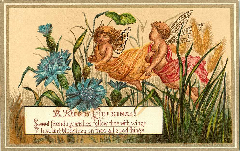 A Merry Christmas card with winged fairies among flowers — historic image