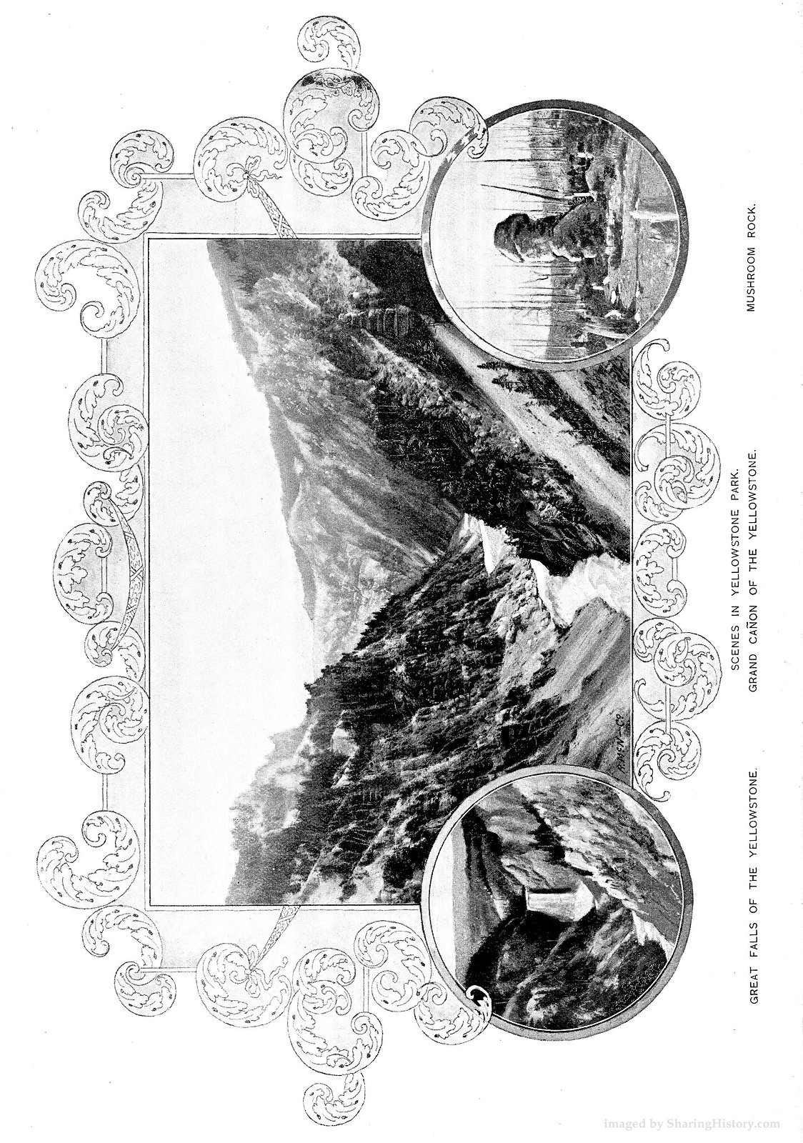 Scenes in Yellowstone Park: Grand Canyon and Mushroom Rock — historic image