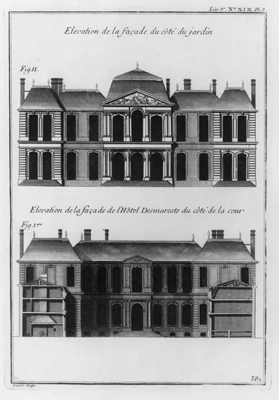 [Hotel Desmarests, Paris, ca. 1800: front and rear elevations; pl. 381]