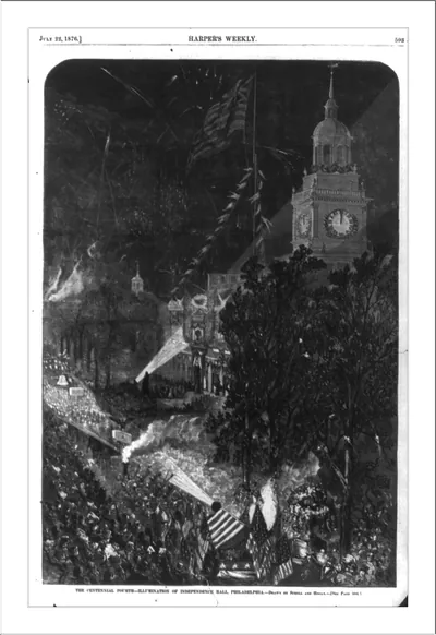 The Centennial Fourth - illumination of Independence Hall, Philadelphia [Fireworks and lights shining on Independence Hall]