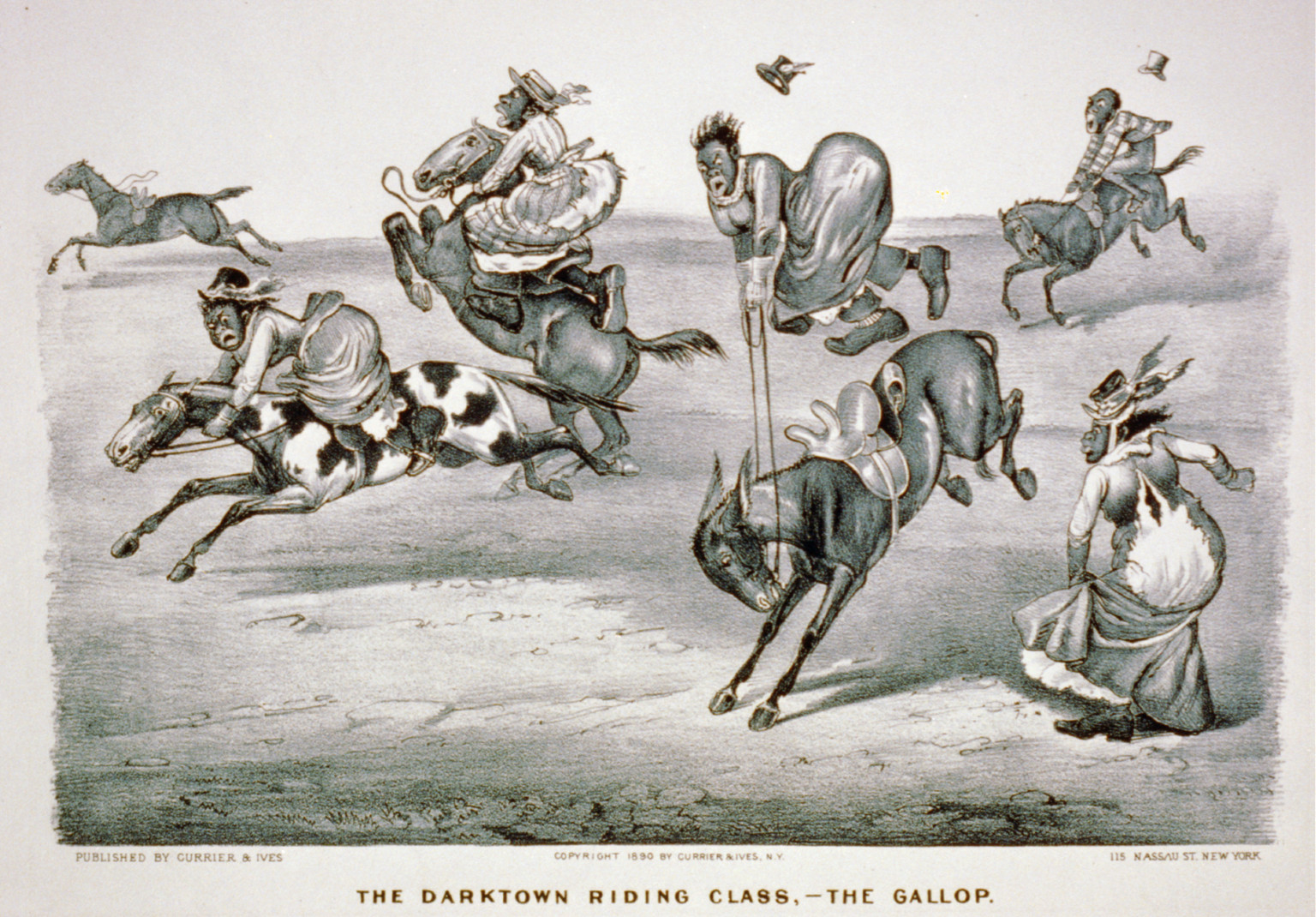 The darktown riding class-the gallop, [New York] : Currier & Ives, 1890. — antique lithograph
