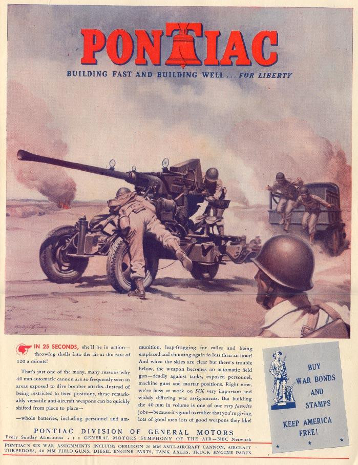 Pontiac WWII advertisement showing anti-aircraft gun and soldiers — historic image