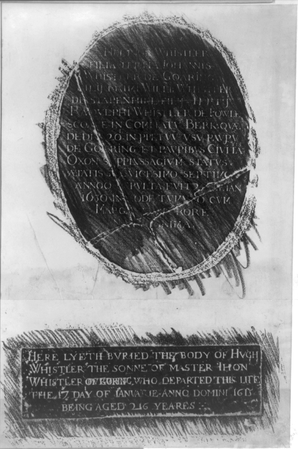 [Two rubbings from the brasses in memory of Helinor Whistler and Hugh Whistler in the Church at Goring on the Thames, England], [ca. 1900] — antique lithograph