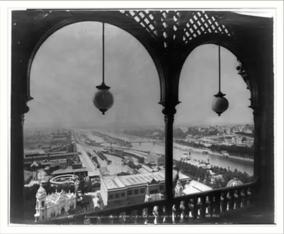 Paris Exposition; view of Paris from arched balcony of Eiffel Tower, Paris Exposition, 1889