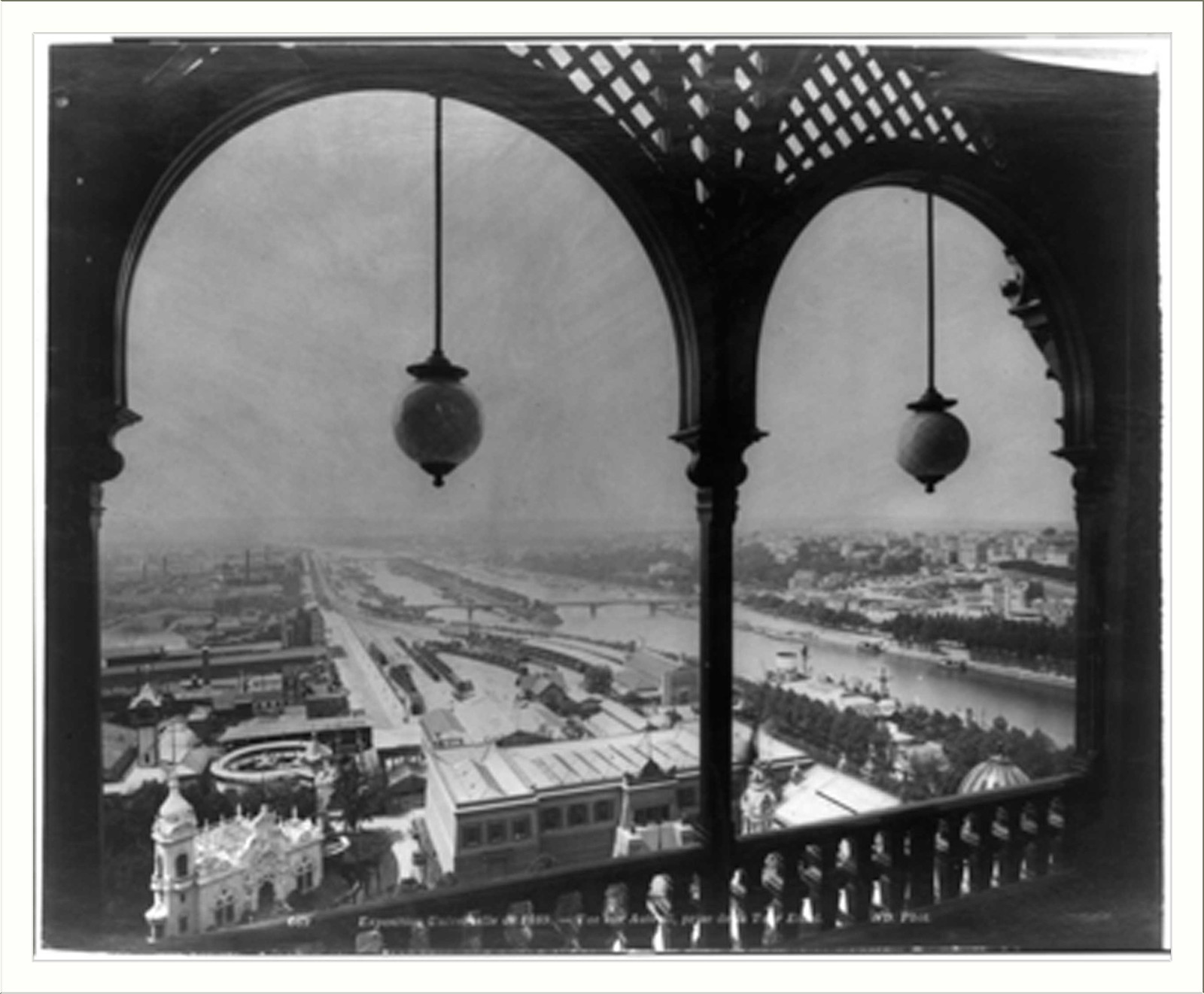 Paris Exposition; view of Paris from arched balcony of Eiffel Tower, Paris Exposition, 1889, [1889] — historic photograph