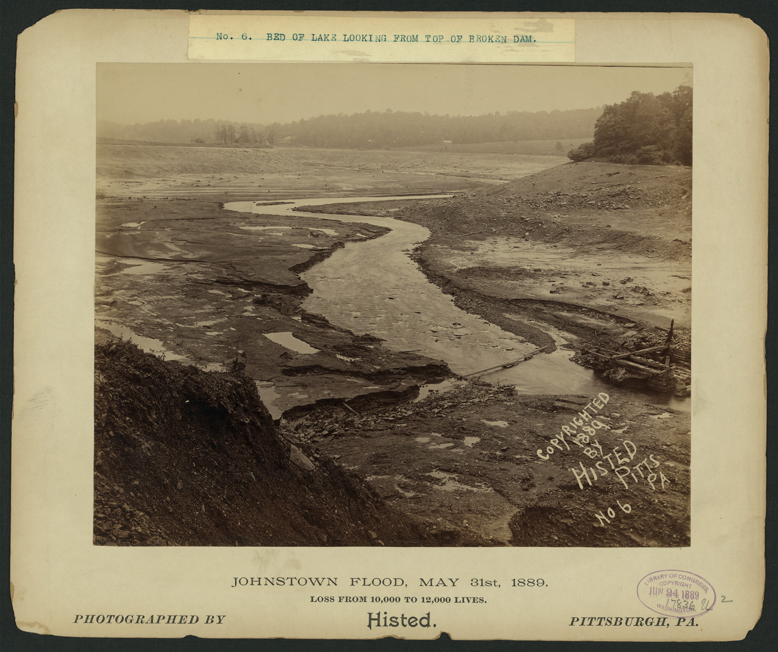 Bed of lake looking from top of broken dam, Johnstown flood, May 31st, 1889, 1889 — historic image