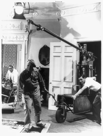 How U.S. movies are made. Camera and microphone are wheeled in