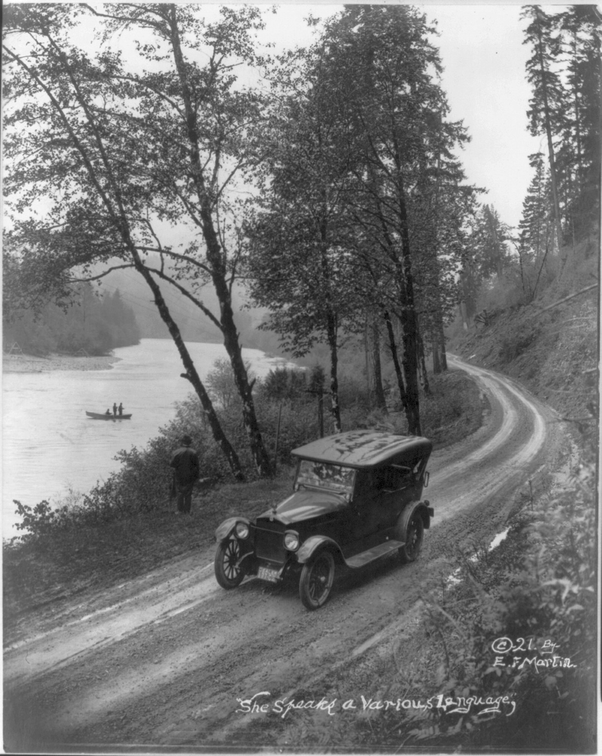[Oregon - automobile in road beside fishing stream], c1921. — historic photograph