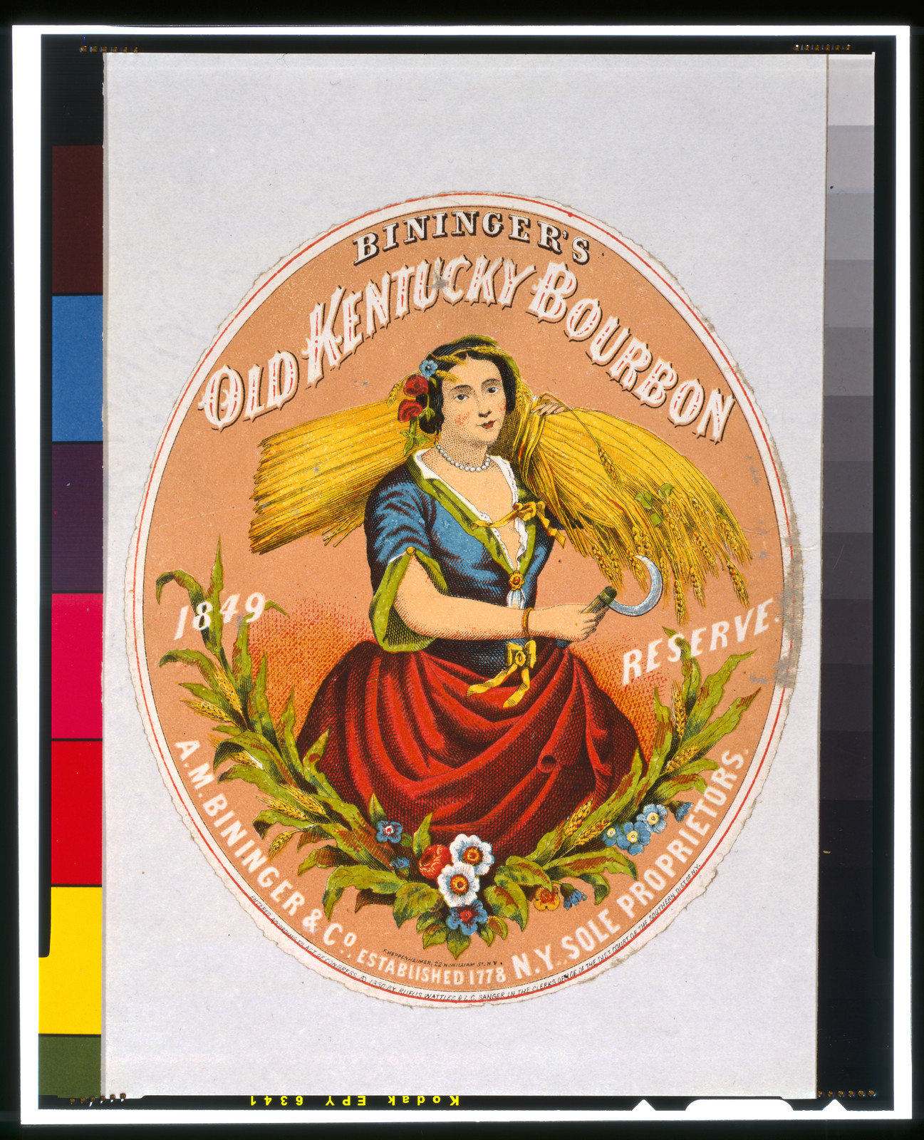 Bininger's Old Kentucky Bourbon, A.M. Bininger & Co., N.Y. sole proprietors / F. Heppenheimer, N.Y., c1860. — antique lithograph