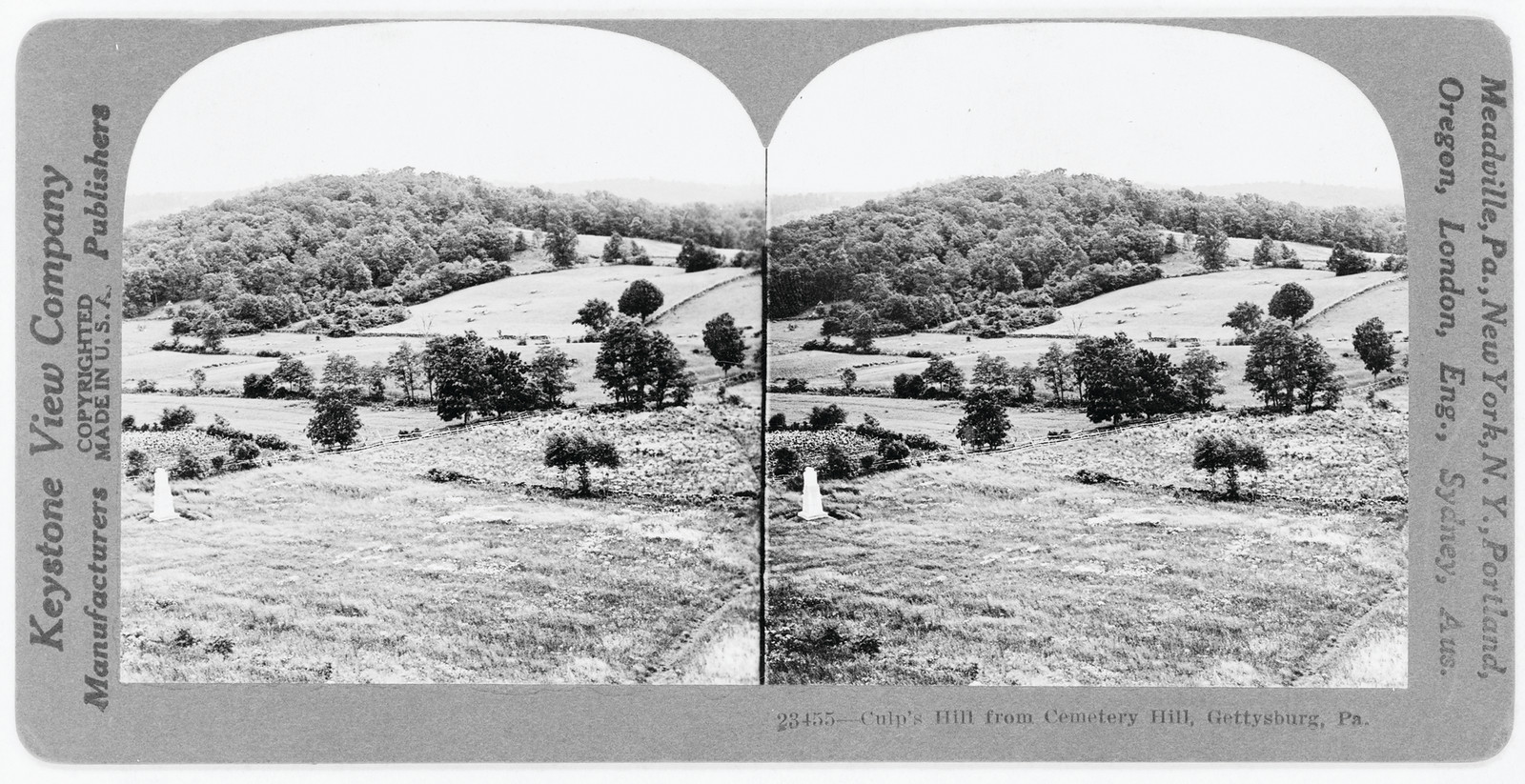 Culp's Hill from Cemetery Hill, Gettysburg, Pa., Meadville, Pa. : Keystone View Company, c1923. — historic photograph