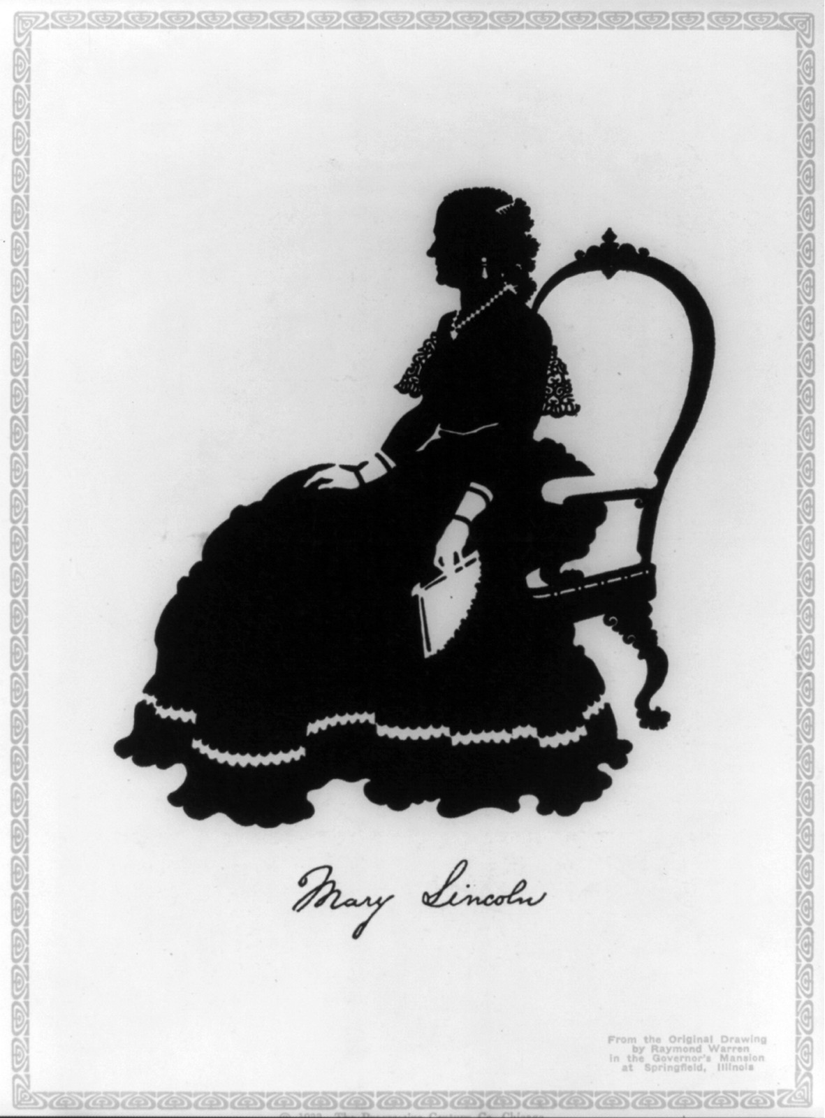 Silhouette of Mary Lincoln seated in a chair — historic image