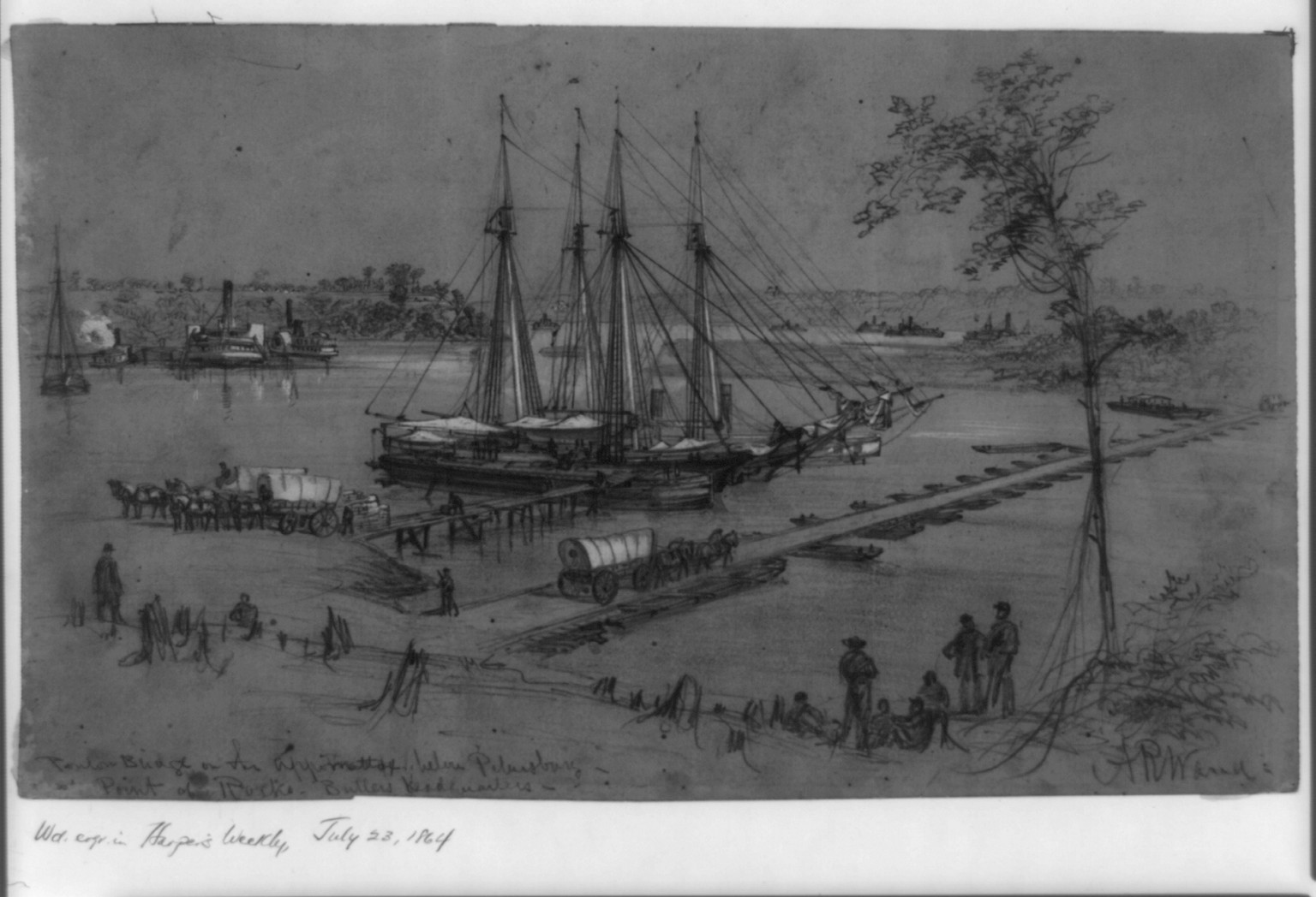 Ponton [sic] Bridge on the Appomattox below Petersburg--Point of Rocks--Butlers headquarters, [1864 June-July] — historic drawing