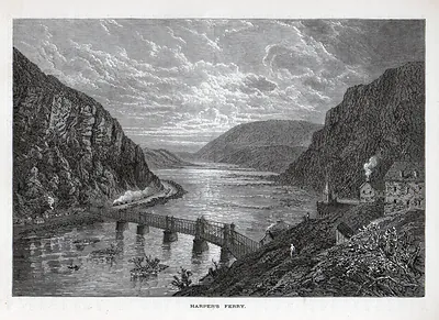 Harper's Ferry engraved view of river gorge and bridge