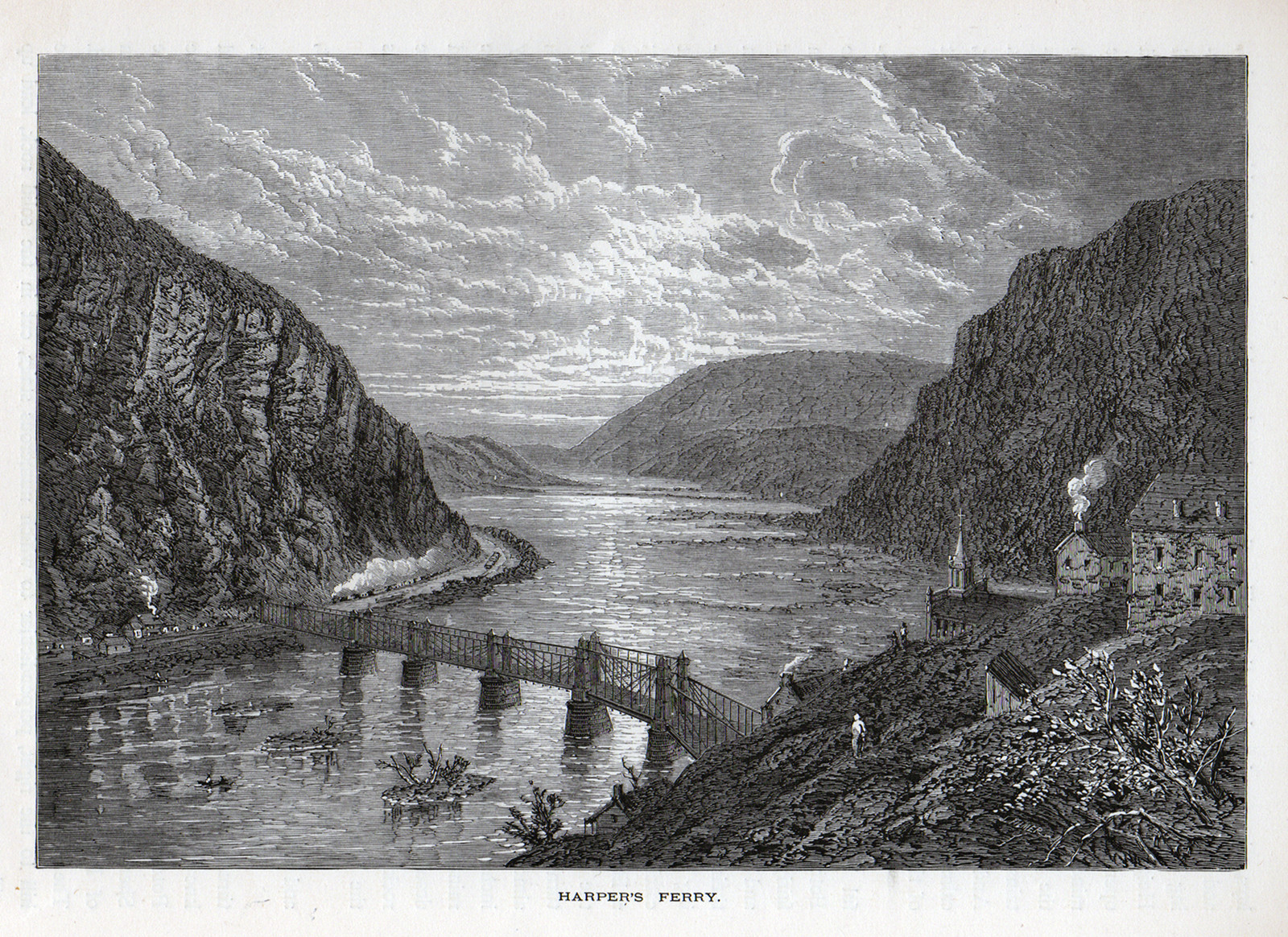 Harper's Ferry engraved view of river gorge and bridge — historic image