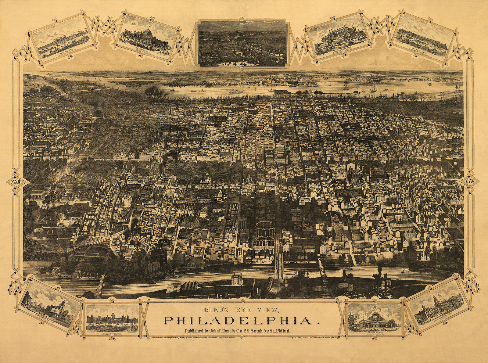 Bird's Eye View of Philadelphia, 1876 — antique map