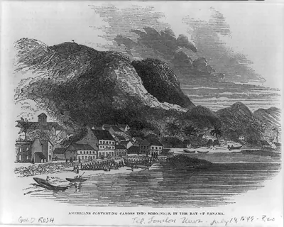 [Americans convertng canoes into schooners, in the Bay of Panama]