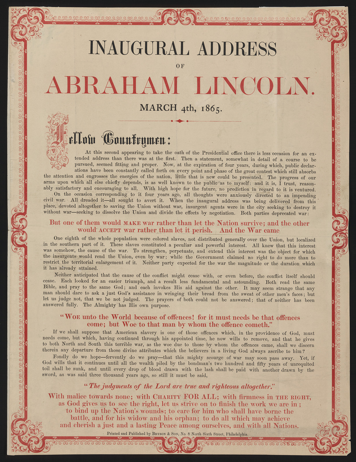 Inaugural Address of Abraham Lincoln, March 4th, 1865 — historic image